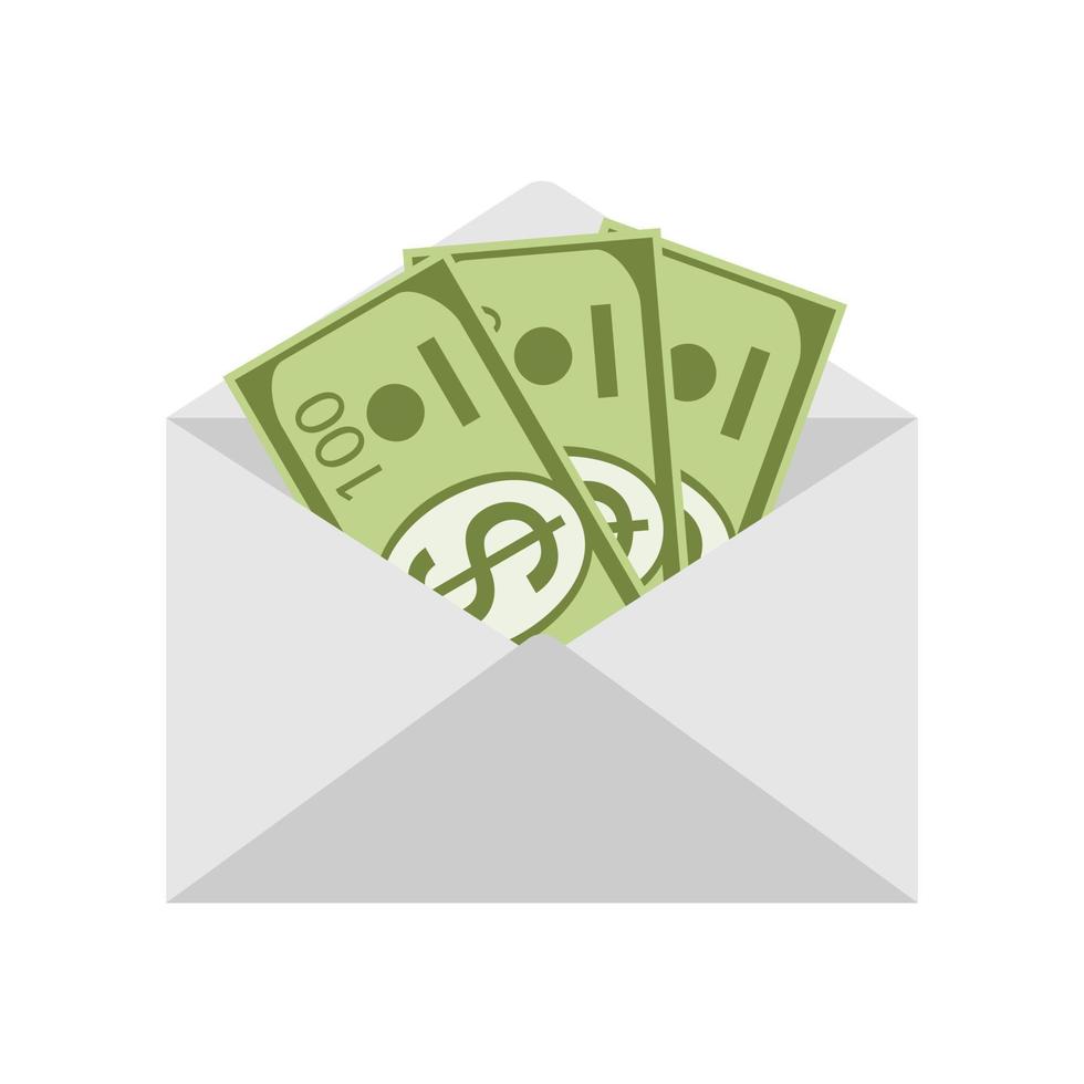 Postal paper open envelope with currency inside isolated on white background.Dollars in paper envelope icon in flat style.The concept of salary, financial investment, gift or surprise. vector