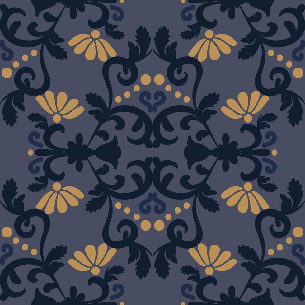 Seamless floral pattern in an antique style. Damask decorative ornament. Blue, yellow color. For fabric, tile, wallpaper or packaging. Vector graphics.