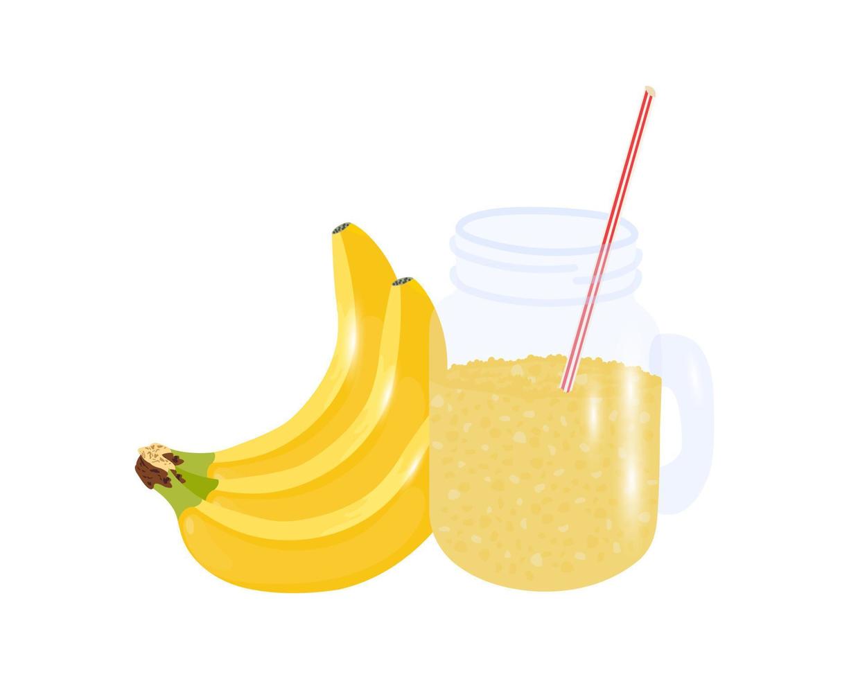 A bunch of ripe yellow bananas and fresh banana juice in a glass jar with a handle and a straw. A glass with banana juice isolated on a white background. Vector banana smoothie.