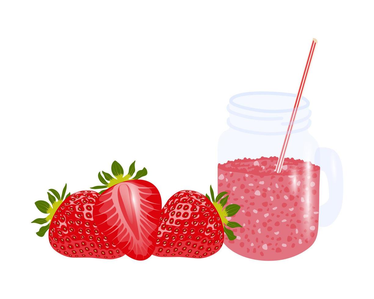 Ripe red aromatic sweet strawberries and strawberry fresh juice in a glass jar with a handle and a straw. Glass with strawberry juice isolated on a white background.Strawberry smoothie.Vector. vector