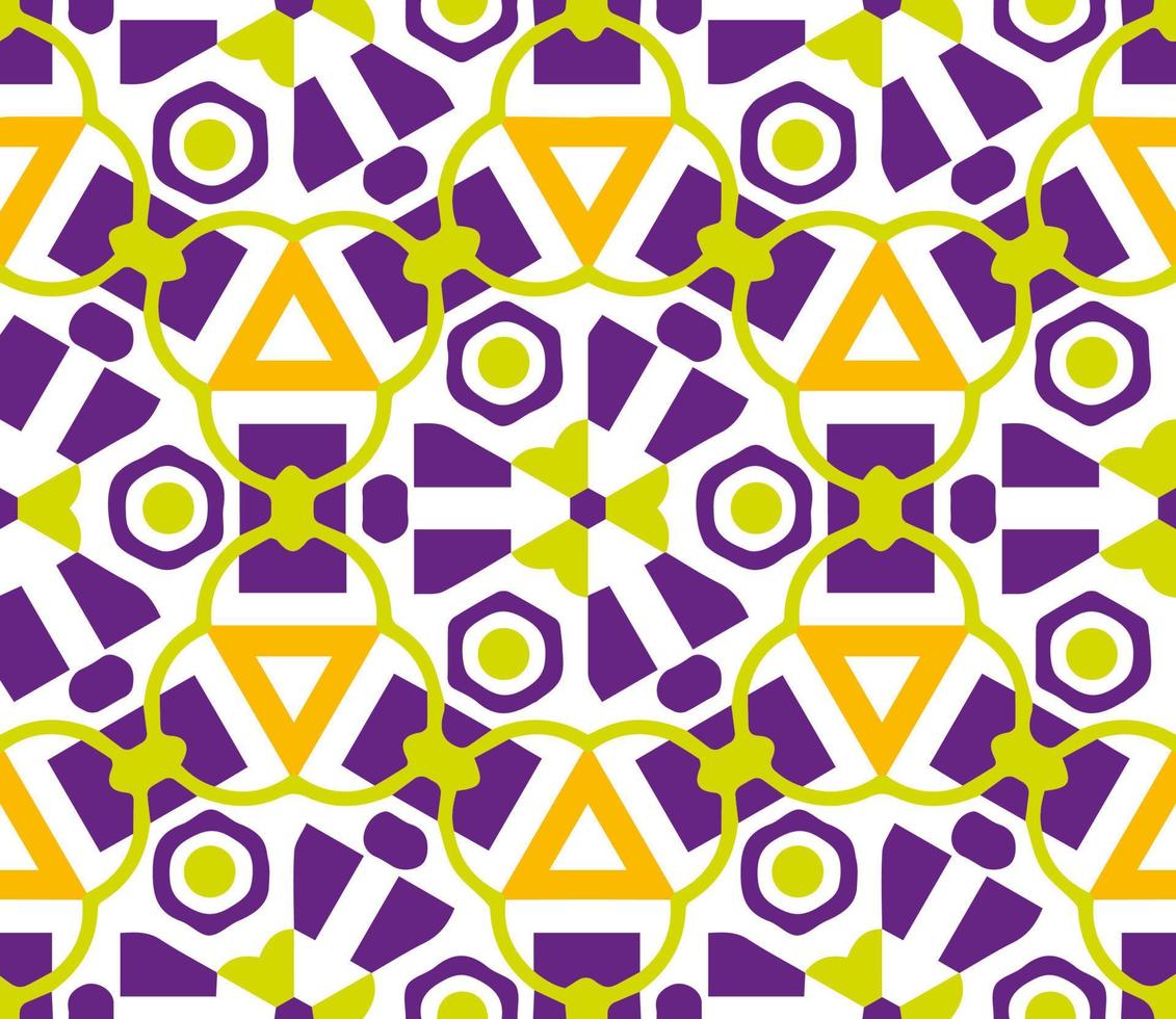 Vector fabric seamless pattern. Geometric texture background.Mosaic Style. Colorful creative collage pattern. Purple, light green, orange color.