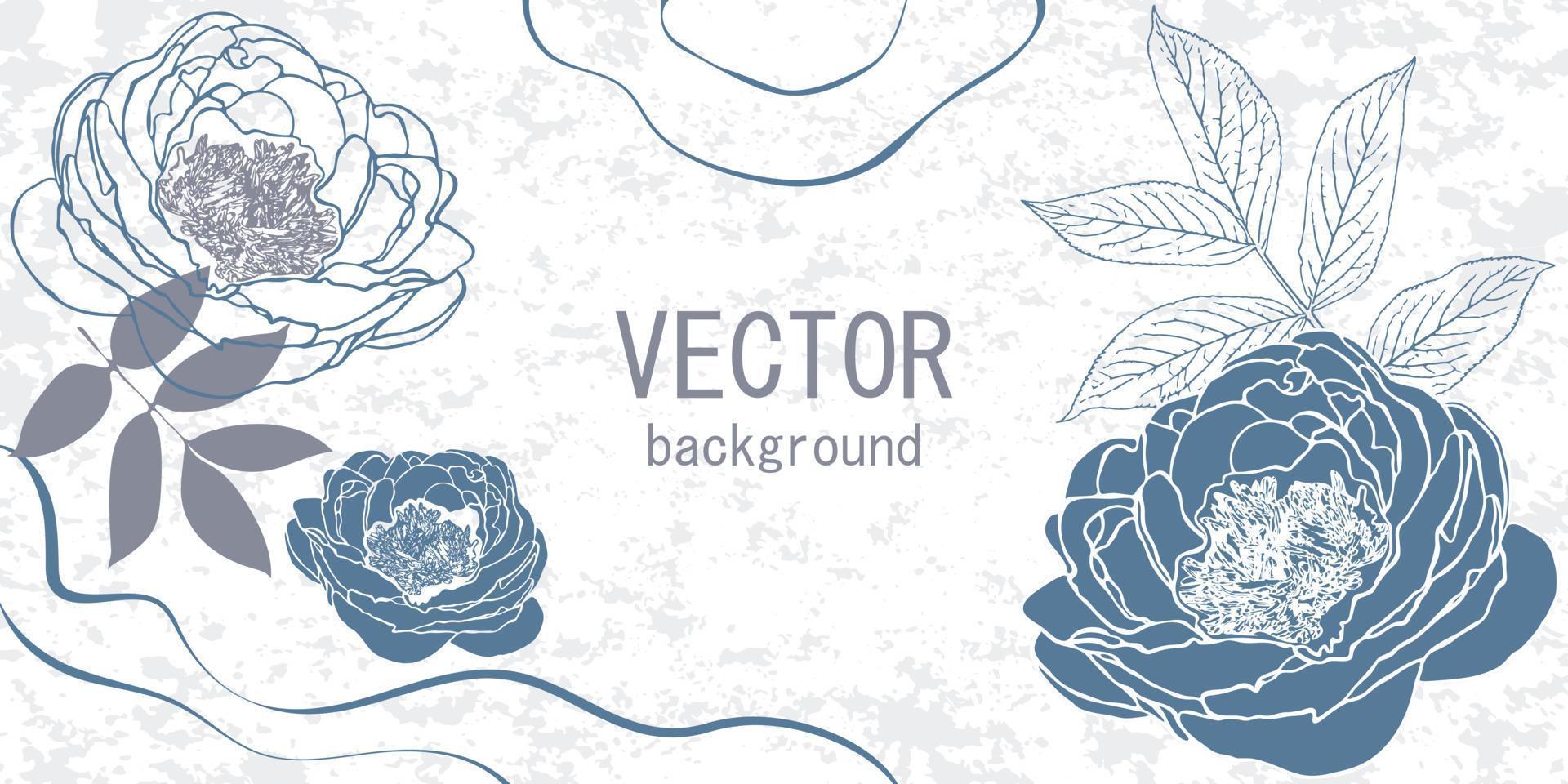 Minimal floral background with peonies and leaves. Vector summer blue background. Abstract art for banner, packaging or wedding invitation.