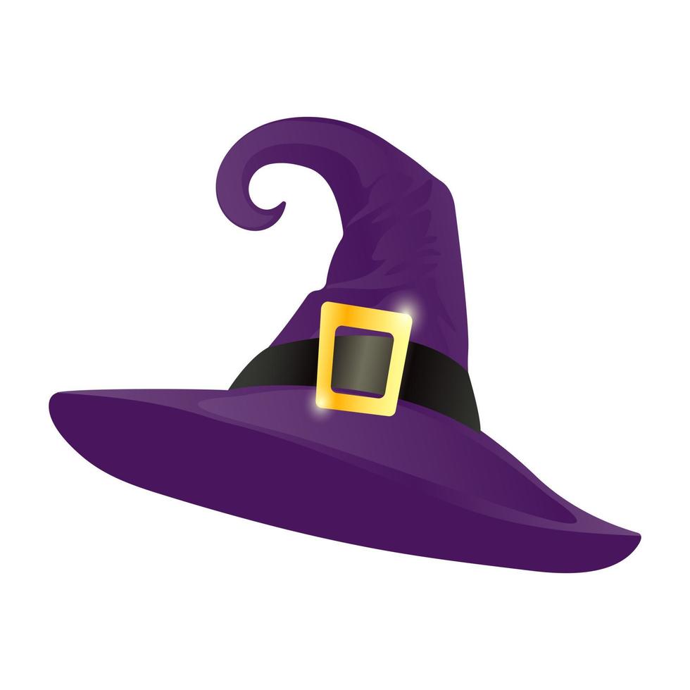 Purple pointed witch hat with gold buckle isolated on white background. Witch hat in cartoon style. Vector illustration.