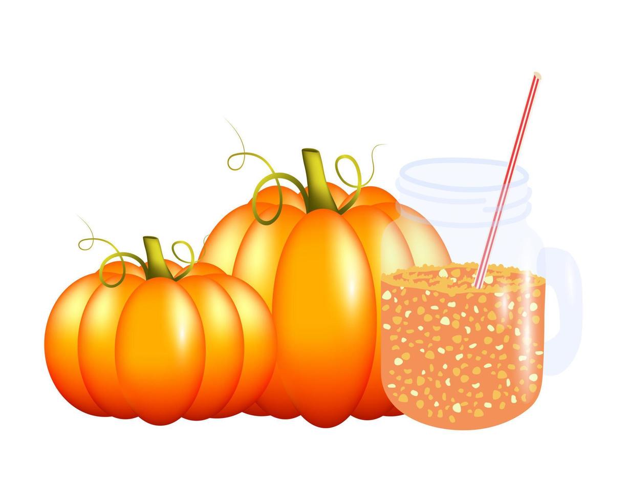 Ripe orange cute pumpkins and pumpkin fresh juice in a glass jar with a handle and straws. Glass with pumpkin juice isolated on a white background. Vector illustration.