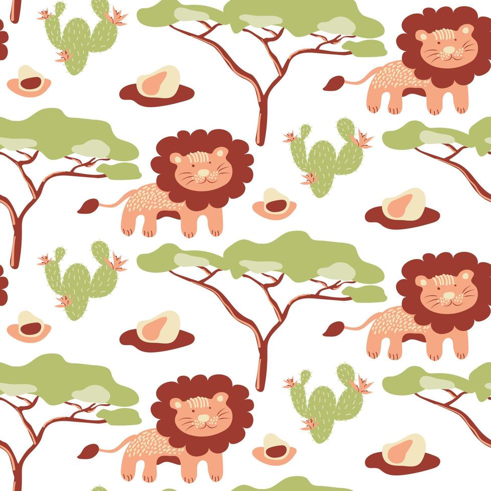 Vector pattern with cartoon lions, cactus, trees on a white background. African savannah with lion and wildlife.Colorful vector in flat style. For childrens design of fabric, curtain or wallpaper.