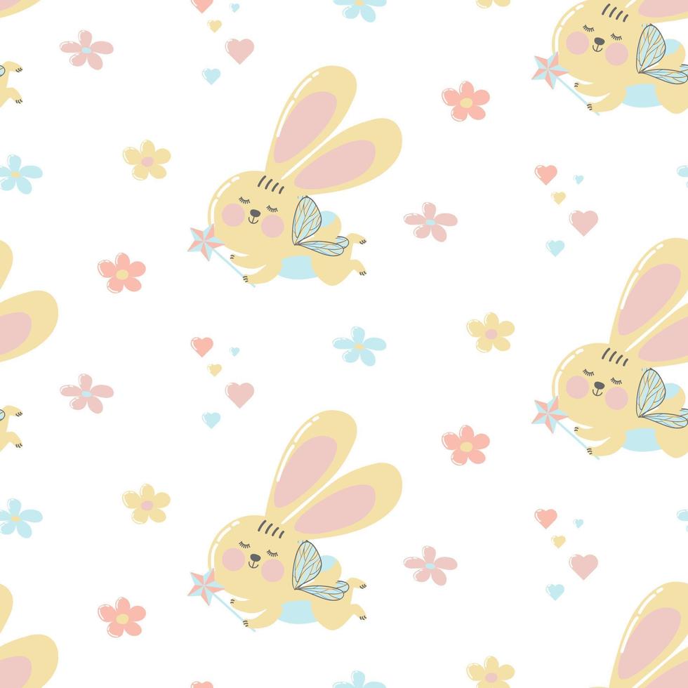 Seamless pattern fairy bunnies in abstract style on White background.Cute bunnies with a magic wand and wings Abstract modern print.Fabric pattern. Cartoon sweet vector. Funny cartoon character. vector