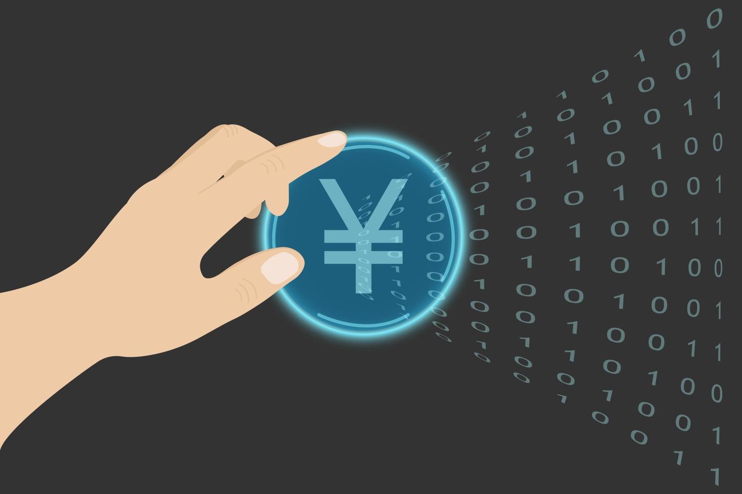 la mano presiona un botón con yuan chino virtual. botón abstracto. ilustración de vector de red tecnológica. dinero electrónico virtual, dinero de internet.