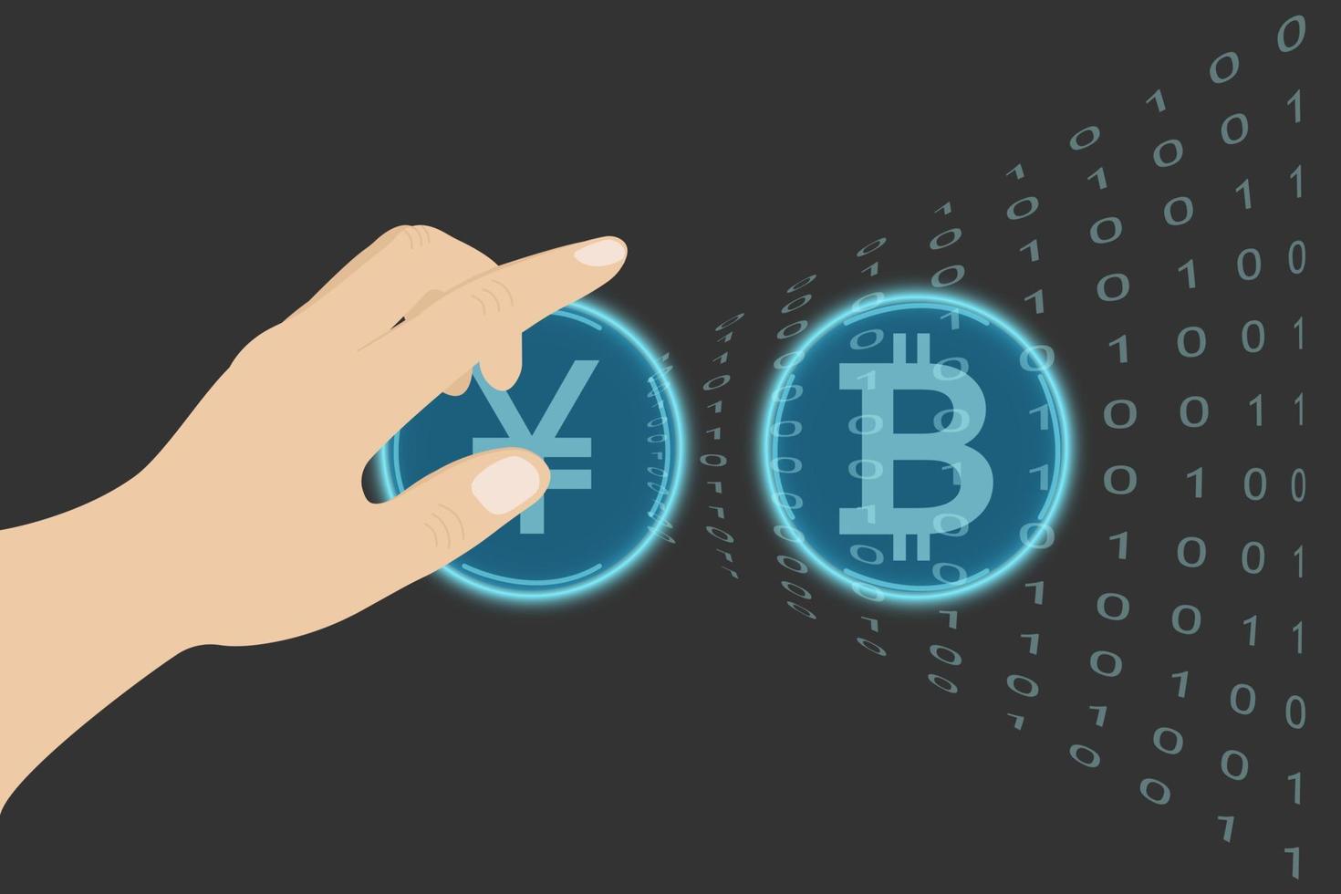 The hand presses the transparent blue buttons in the form of digital coins of bitcoin and yuan against a dark background.Online concept. Blockchain computer technologies. Virtual electronic money. vector