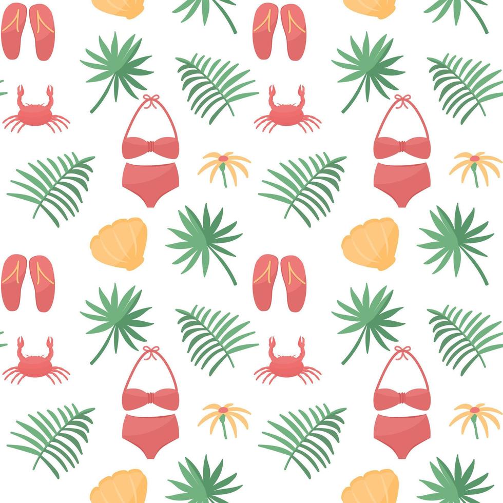 Seamless pattern with colorful beach elements. Swimsuit, tropical leaves, crab, sea shells. Vector summer vacation repeatable design.