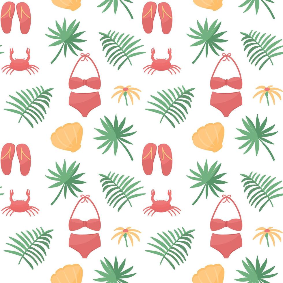 Seamless pattern with colorful beach elements. Swimsuit, tropical leaves, crab, sea shells. Vector summer vacation repeatable design.