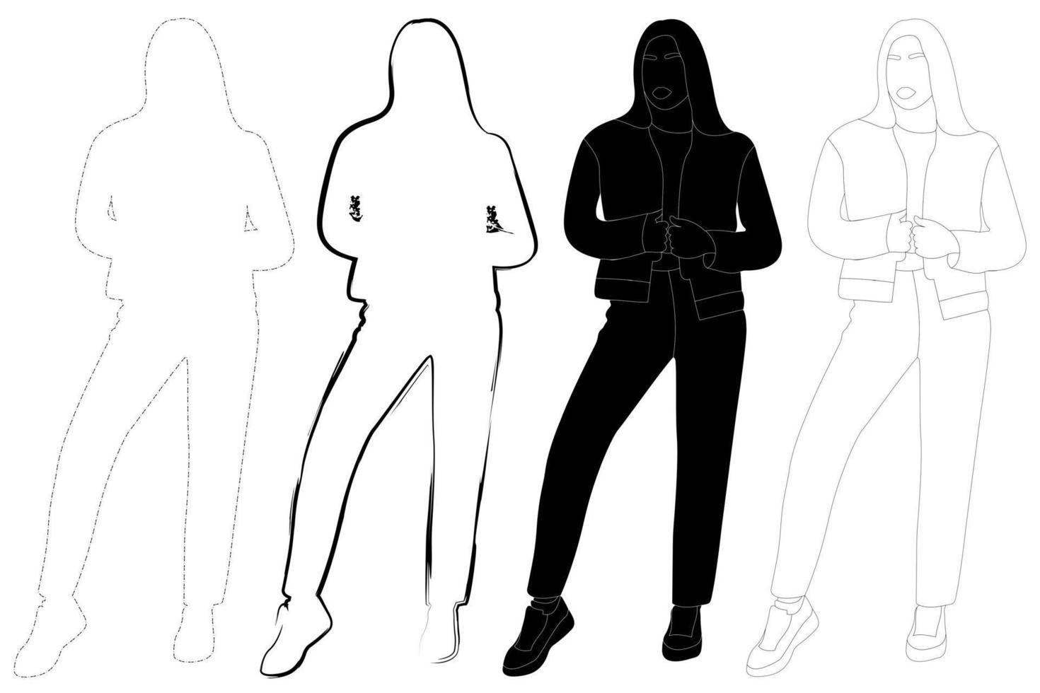 Sketch outline of the silhouette of a girl in a fashionable suit standing. Doodle black and white line drawing. vector