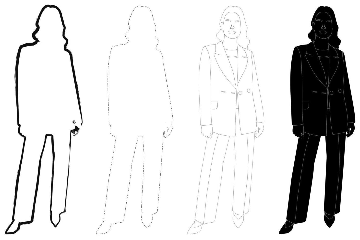 Sketch outline of the silhouette of a girl in a fashionable suit standing. Doodle black and white line drawing. vector