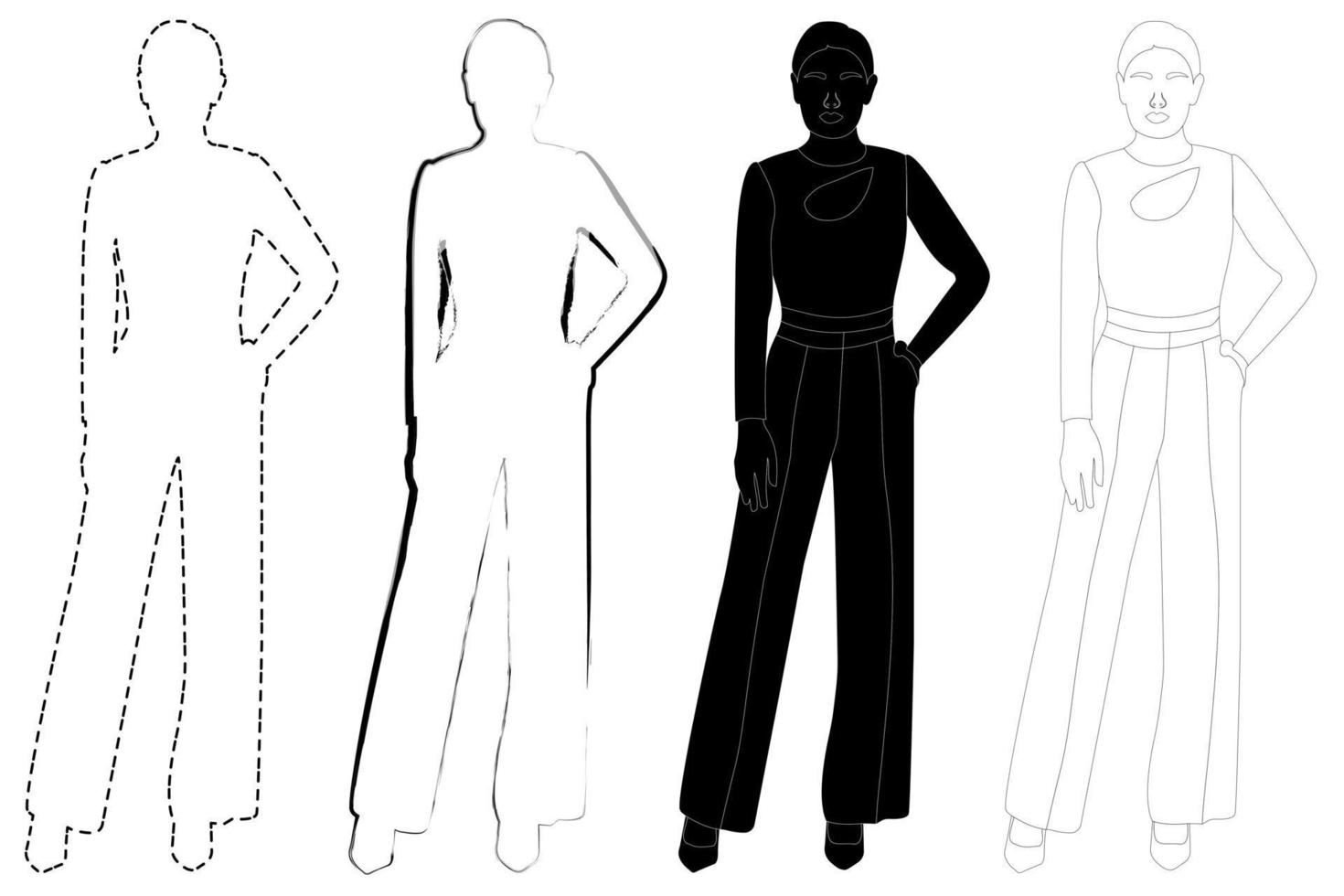 Sketch outline of the silhouette of a girl in a fashionable suit standing. Doodle black and white line drawing. vector