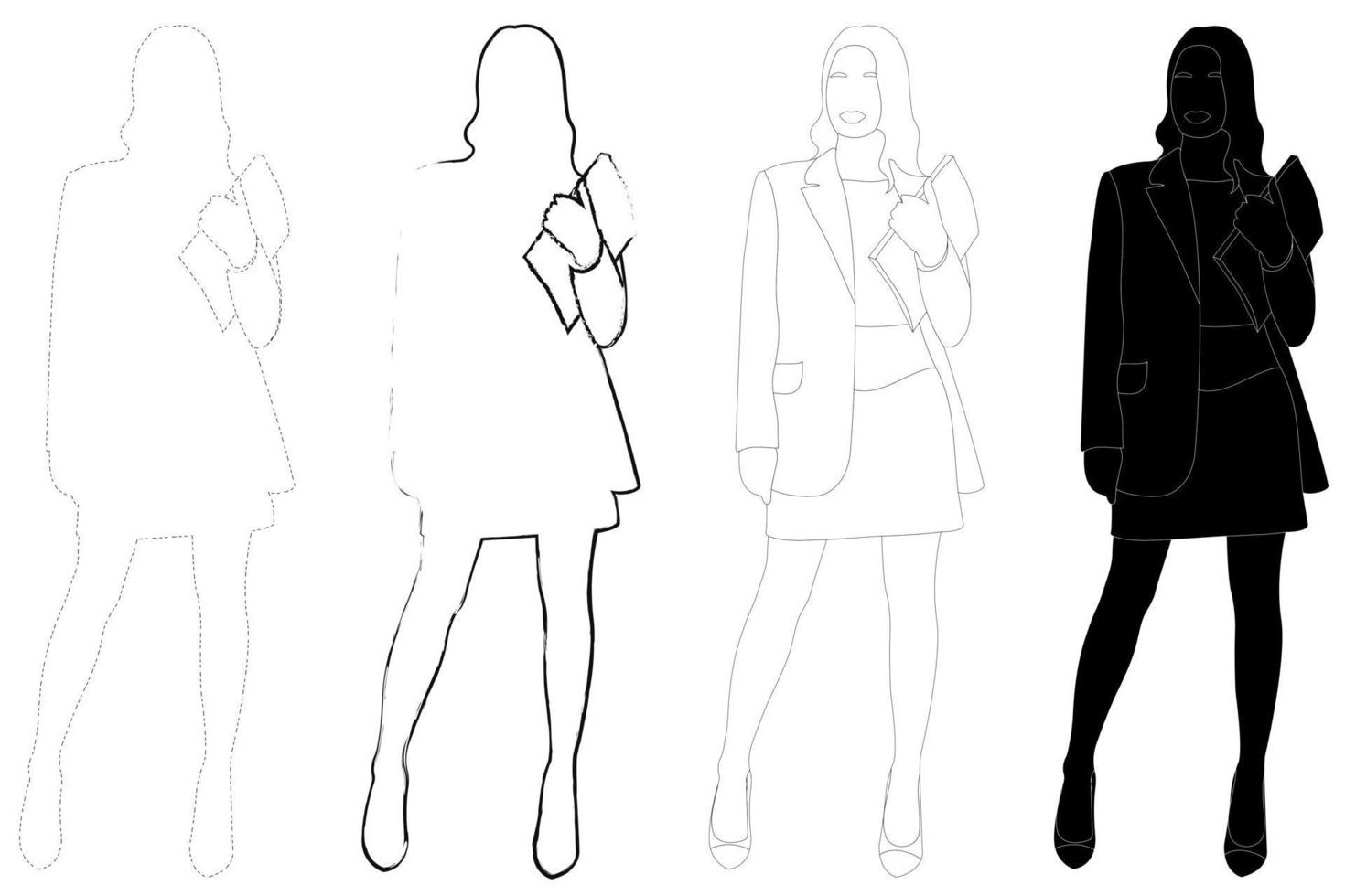 Sketch outline of the silhouette of a girl in a fashionable suit standing. Doodle black and white line drawing. vector