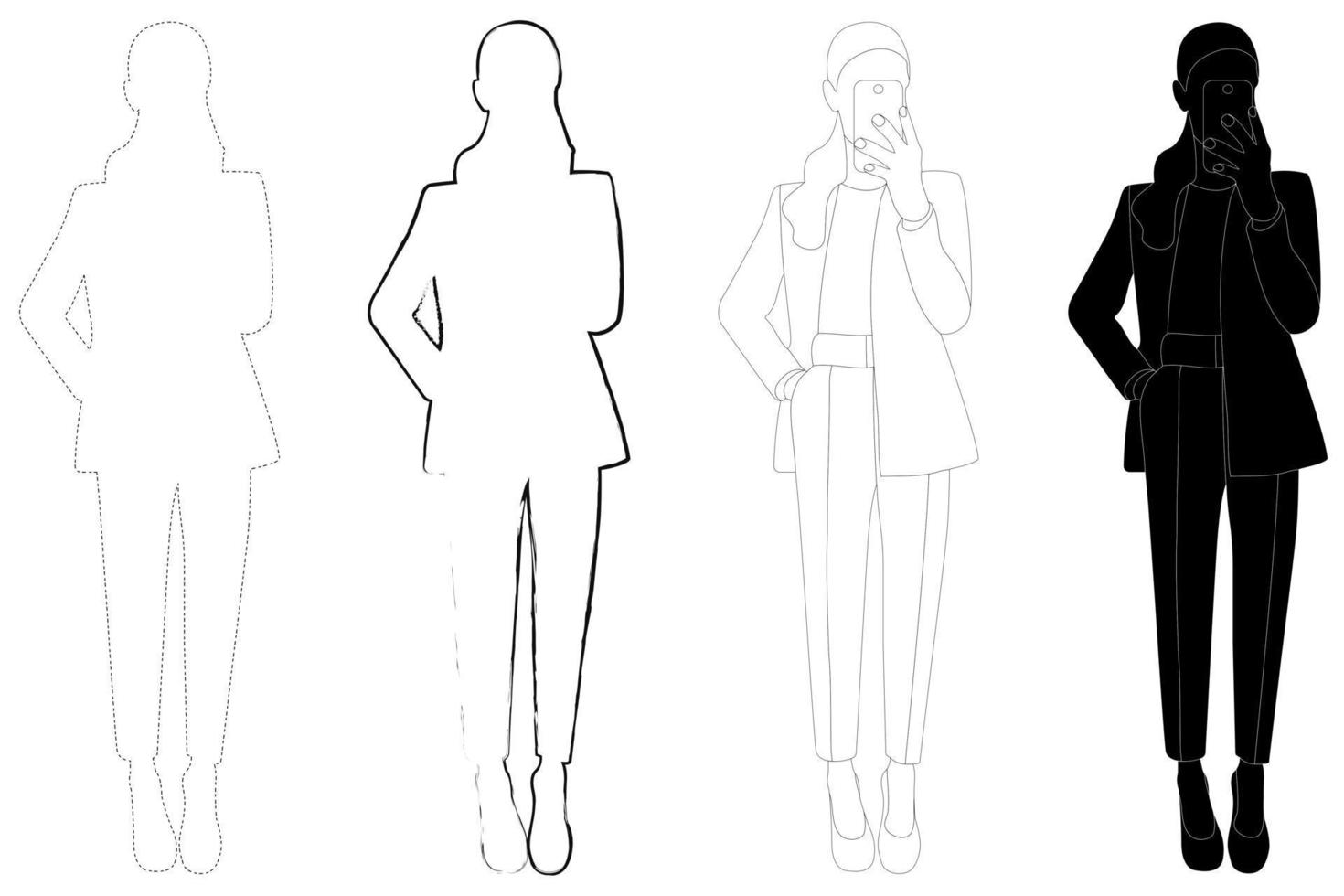 Sketch outline of the silhouette of a girl in a fashionable suit standing. Doodle black and white line drawing. vector