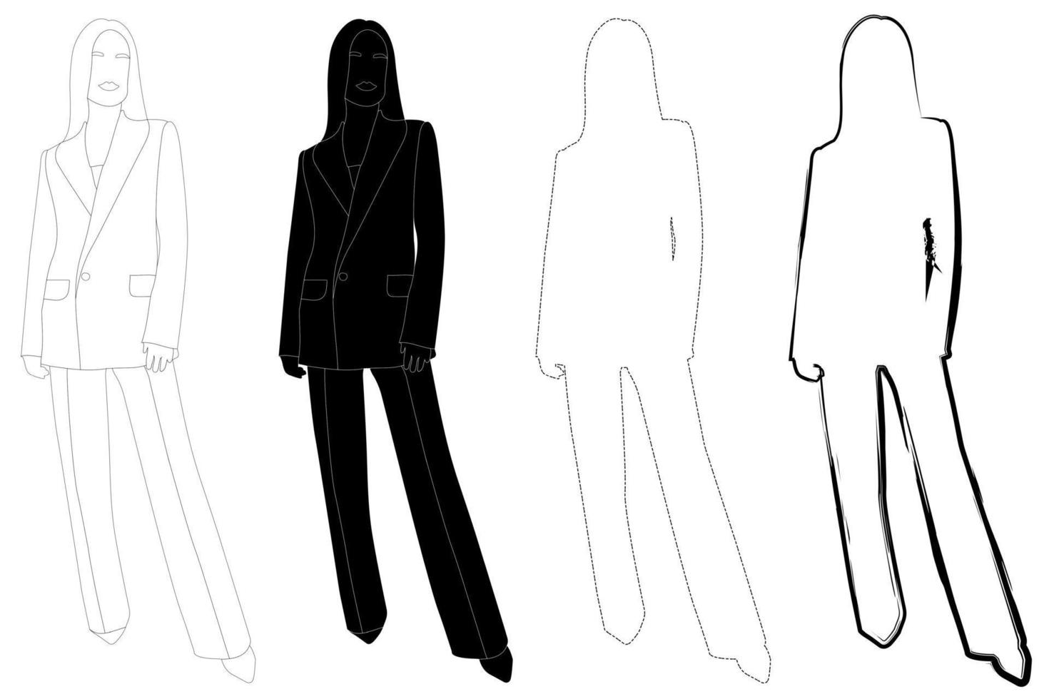 esbozar el contorno de la silueta de una chica con un traje de moda de pie. garabatear dibujo de líneas en blanco y negro. vector
