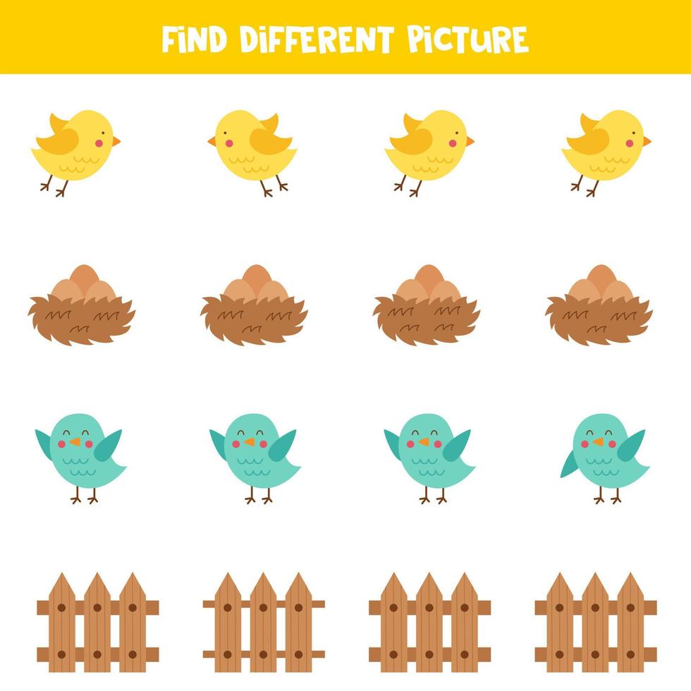 Find picture which is different from others. Worksheet for kids. vector