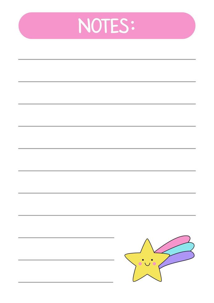 Vector sheet for making notes with cute kawaii star.