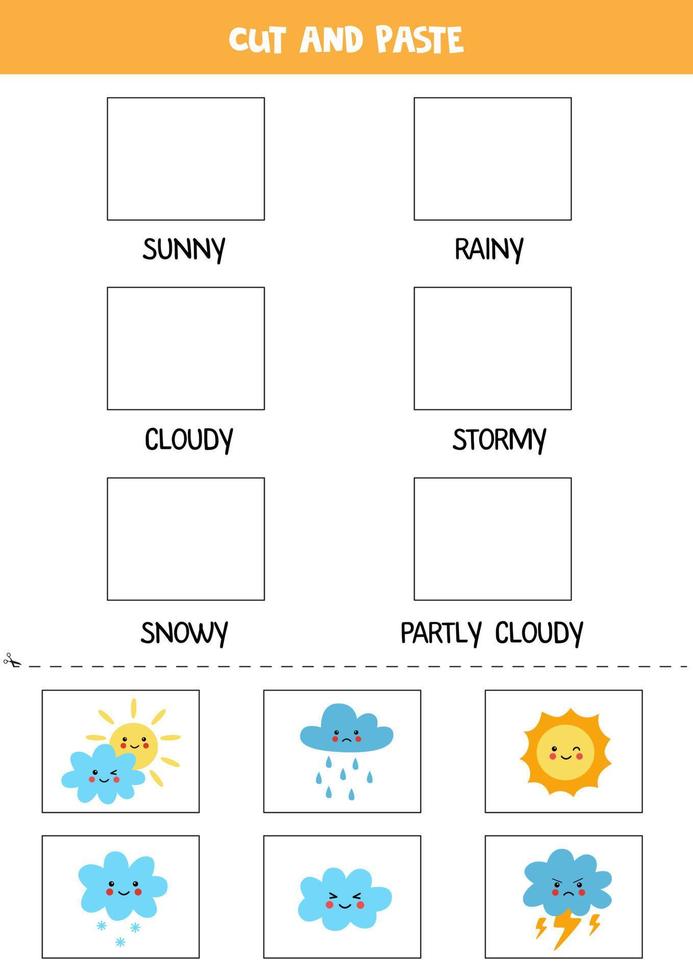 Cut weather pictures and paste them into right boxes. Worksheet for kids. vector