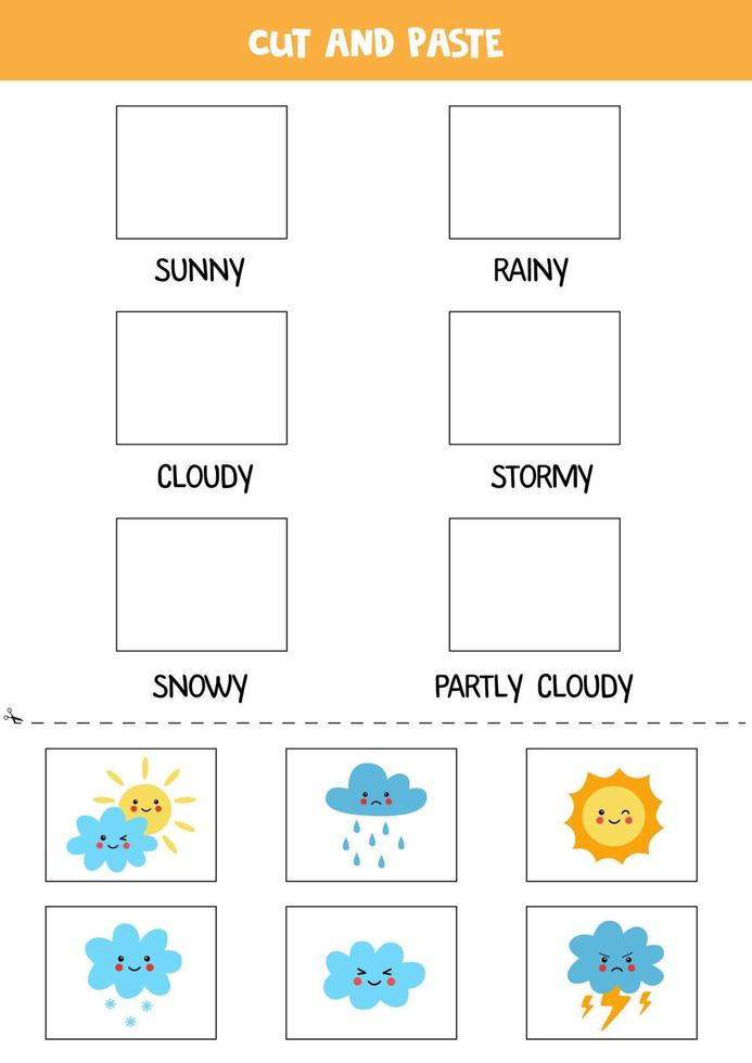 corta imágenes meteorológicas y pégalas en los cuadros correctos. hoja de trabajo para niños. vector