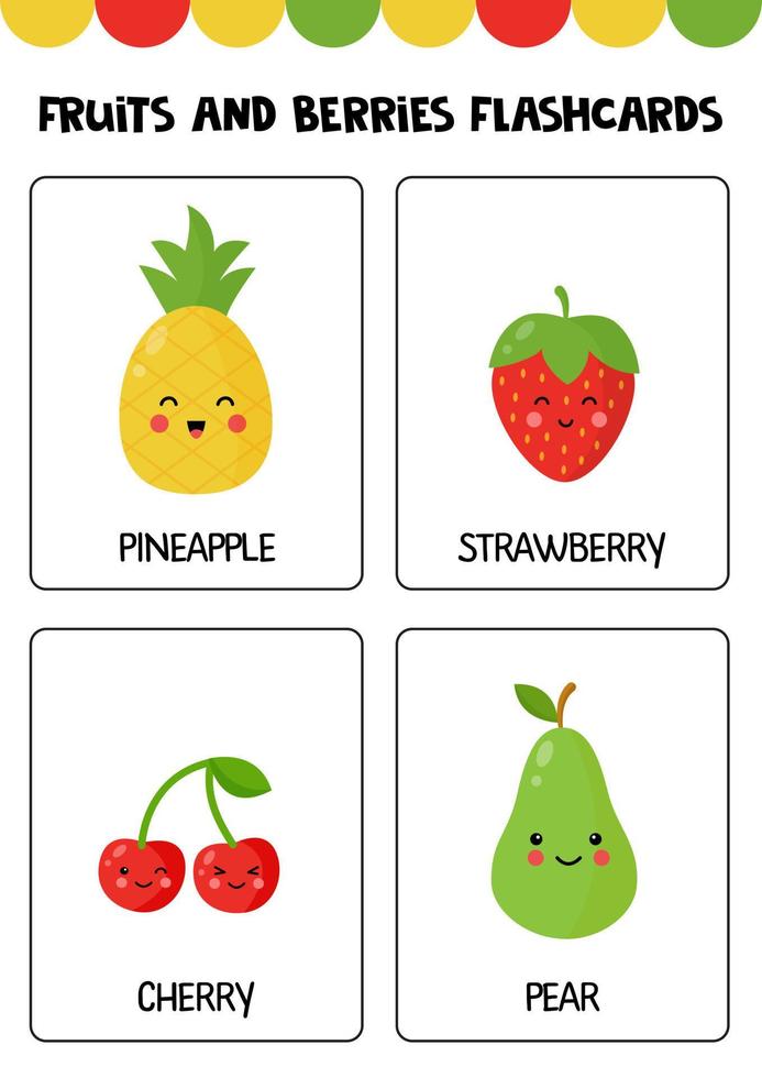 lindas frutas y bayas de dibujos animados con nombres. tarjetas para niños. vector