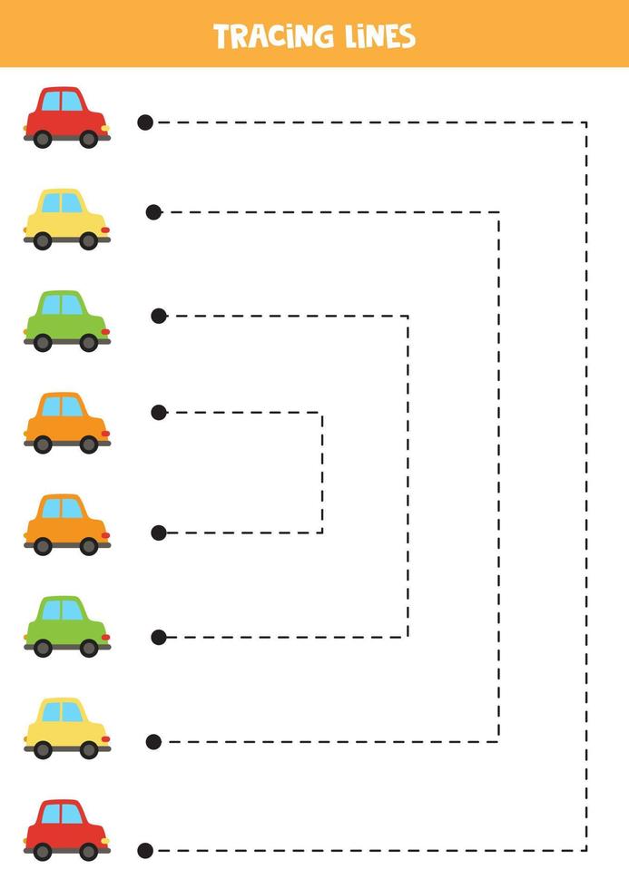 Tracing lines for kids. Cute colorful cars. Writing practice. vector