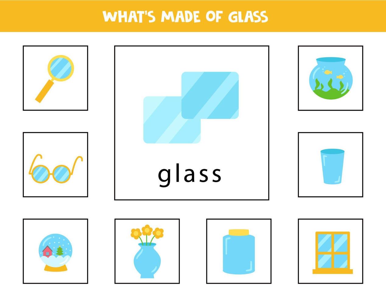 What is made of glass. Cards for children. vector