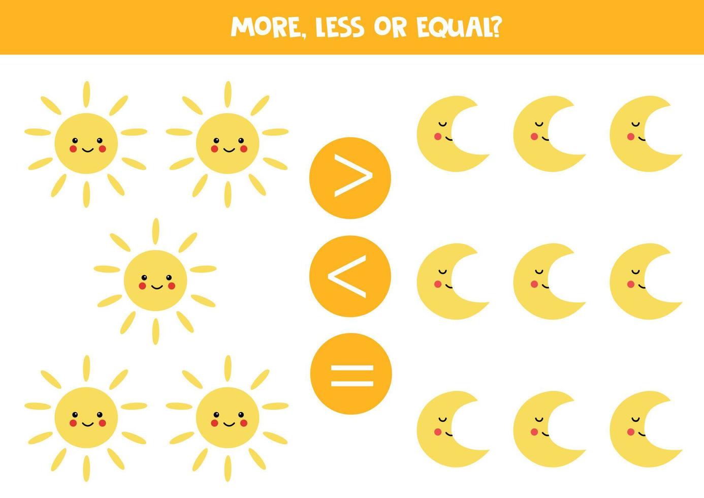 More, less, equal with cute kawaii sun and moon. vector