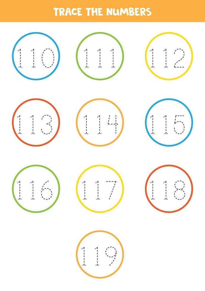 Tracing numbers from 110 to 119. Writing practice. 7766524 Vector Art