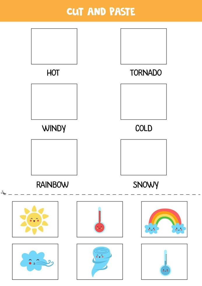 corta imágenes meteorológicas y pégalas en los cuadros correctos. hoja de trabajo para niños. vector