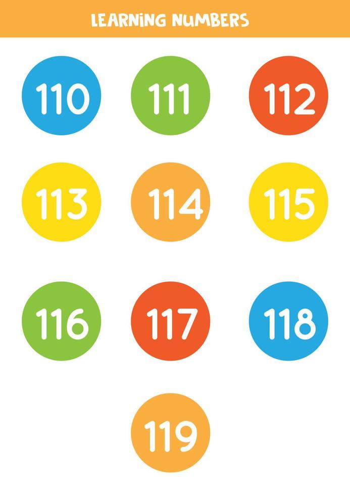 Learning numbers cards from 110 to 119. Colorful flashcards. vector