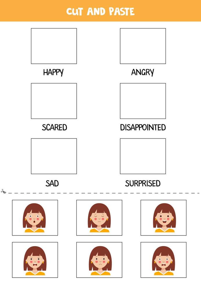 Cut emotion pictures and paste them into right boxes. Worksheet for kids. vector