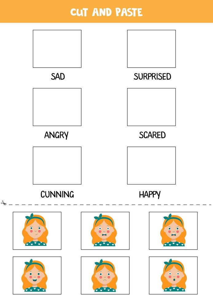 Cut emotion pictures and paste them into right boxes. Worksheet for kids. vector