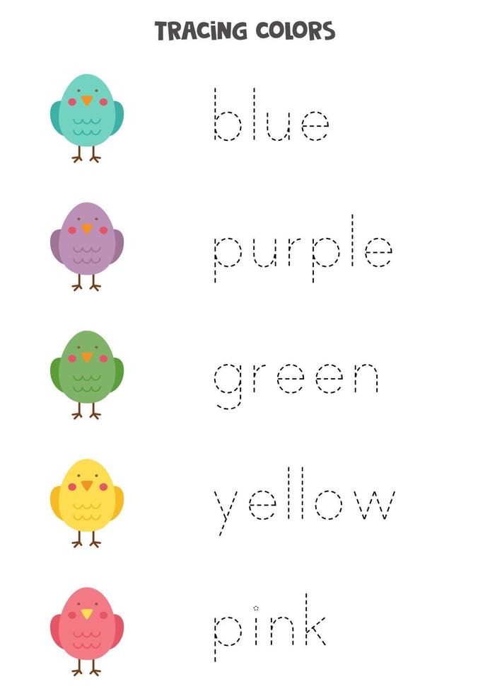 Trazar palabras de colores básicos. hoja de trabajo preescolar. vector