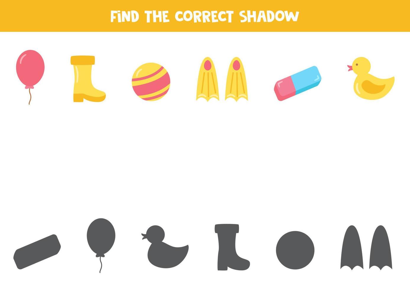 Find the correct shadows of rubber objects. Logical puzzle for kids. vector