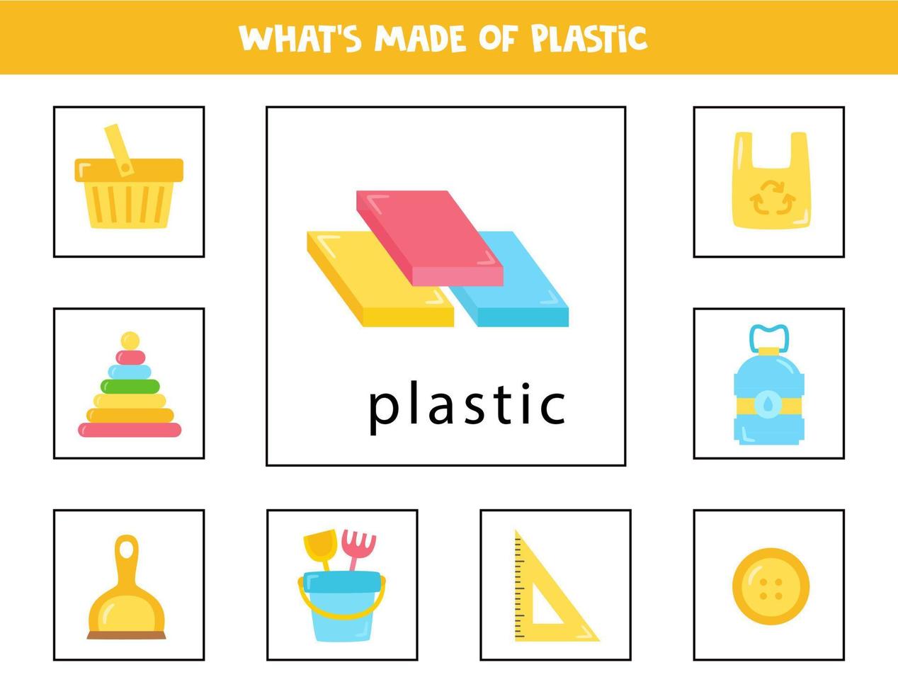 What is made of plastic. Cards for children. vector