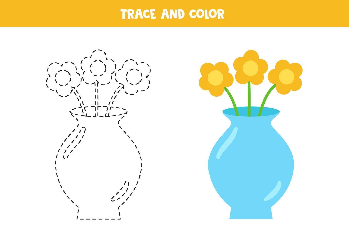 Trace and color cartoon vase with flowers. Worksheet for kids. vector