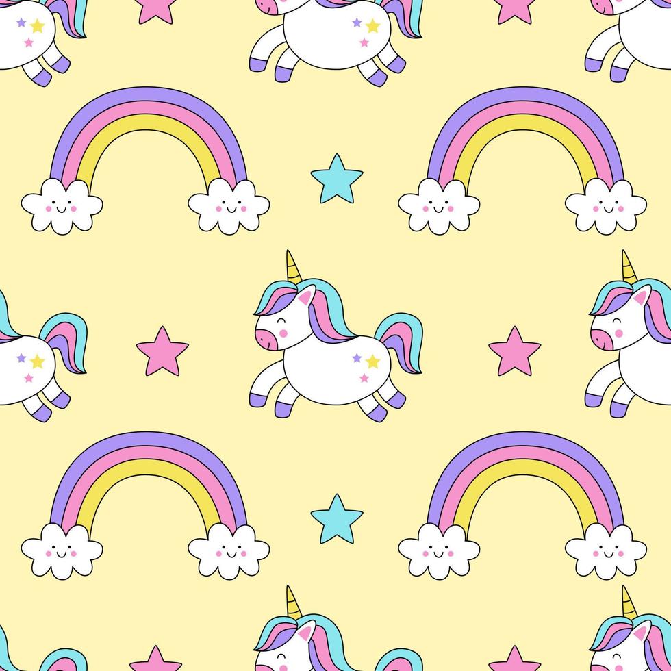 Seamless pattern with cute unicorns diamonds, hearts and rainbows