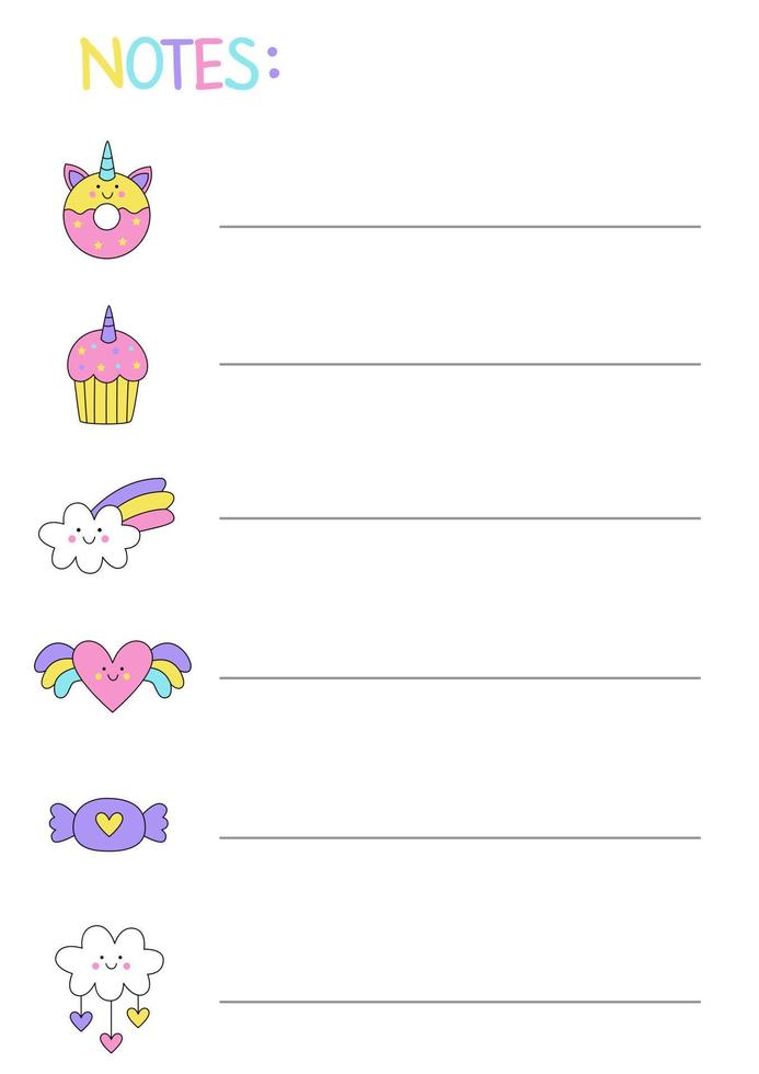 Vector sheet for making notes with cute kawaii pictures.