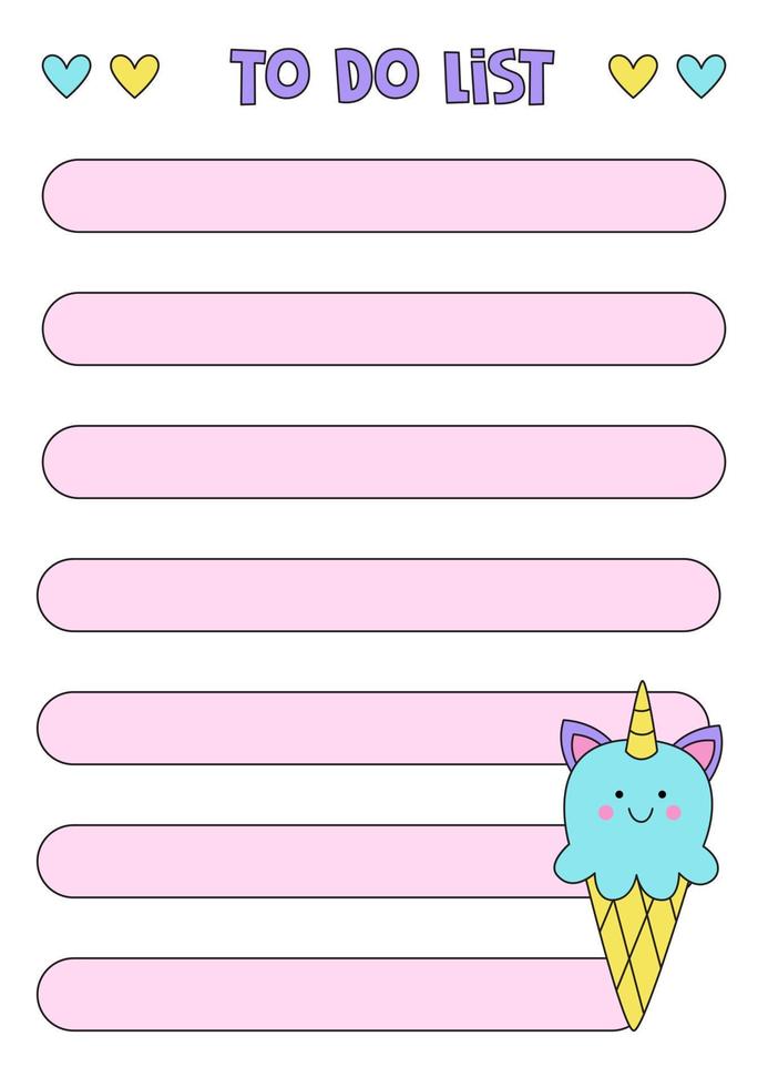 Vector to do list sheet for making notebooks with cute unicorn ice cream.