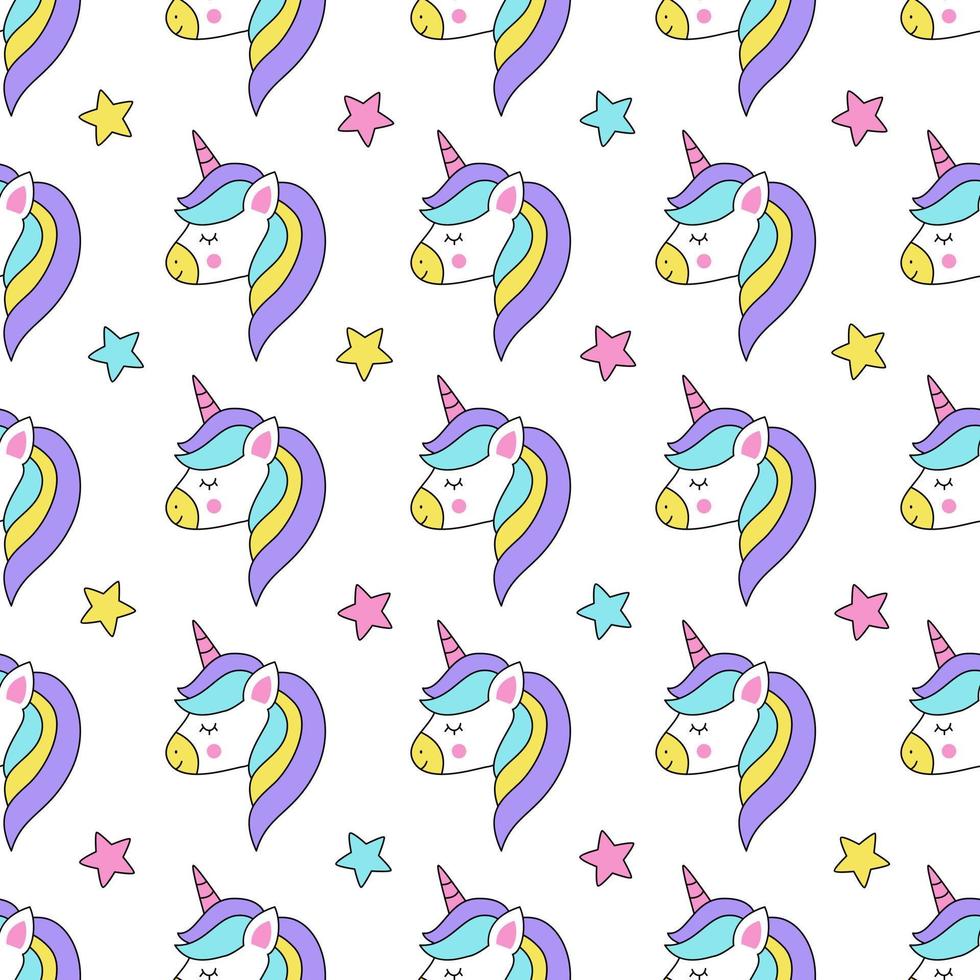 Seamless pattern with cute cartoon unicorn and stars. vector