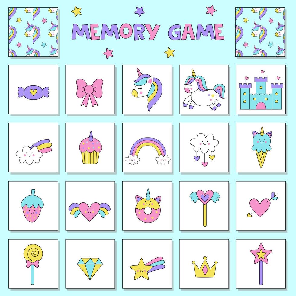 Educational memory game for children, vector cards with cute unicorn elements.