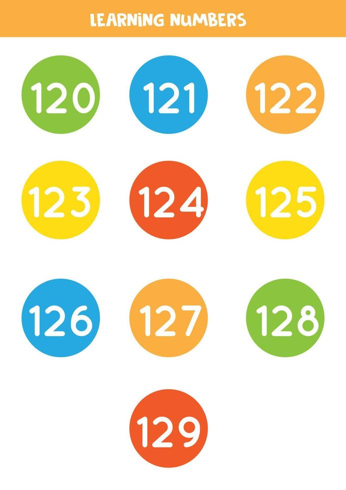 Learning numbers cards from 120 to 129. Colorful flashcards. vector