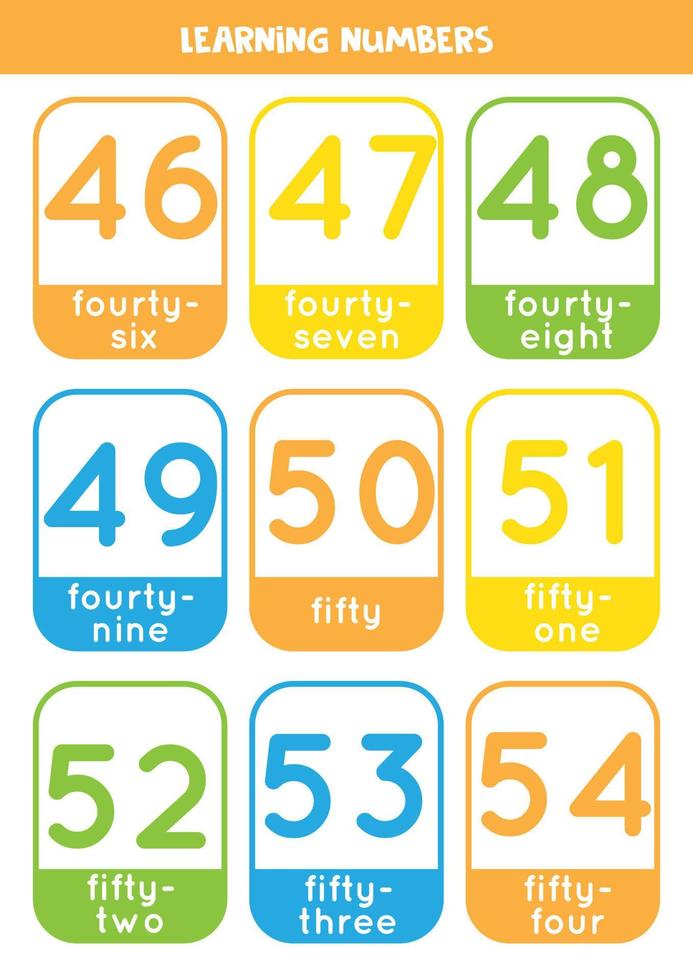 Learning numbers cards from 46 to 54. Colorful flashcards. vector