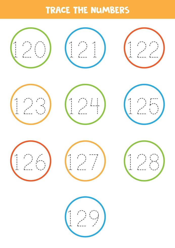 Tracing numbers from 120 to 129. Writing practice. vector