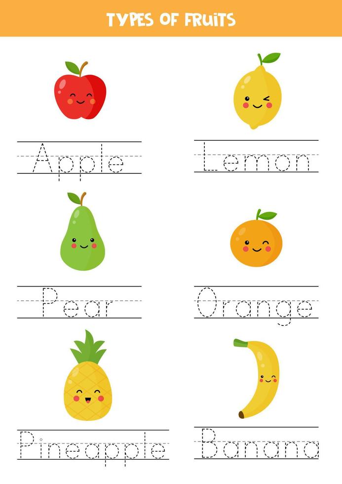 Tracing names of cartoon fruits. Writing practice. vector