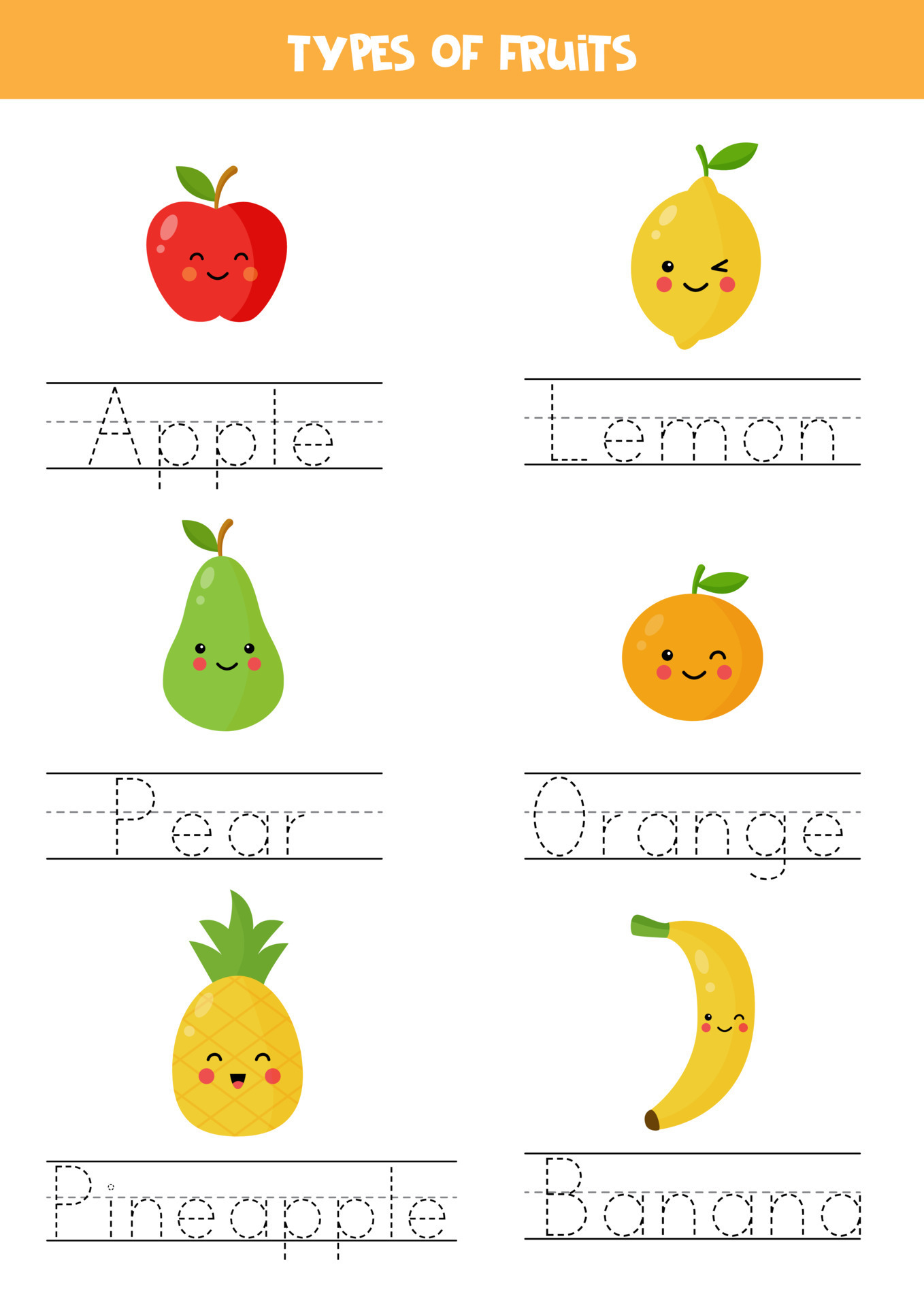 Tracing names of cartoon fruits. Writing practice. 7766628 Vector Art