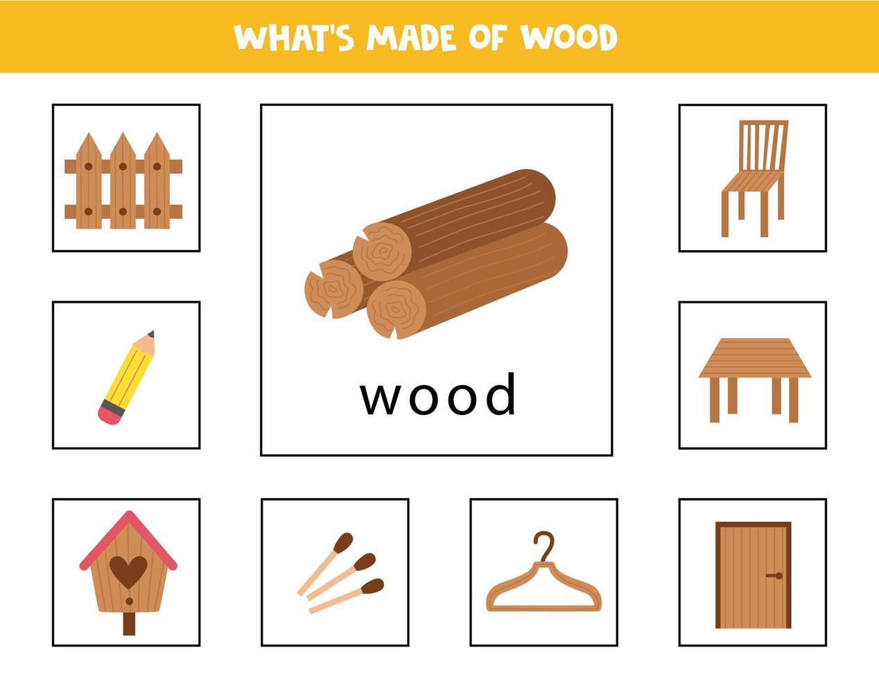 lo que está hecho de madera. tarjetas para niños. vector