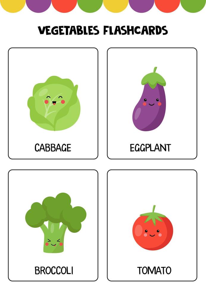 lindas verduras de dibujos animados con nombres. tarjetas para niños. vector