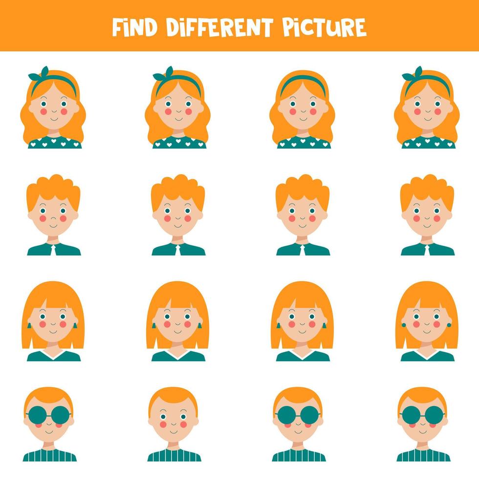 Find picture of boy or girl which is different from others. Worksheet for kids. vector